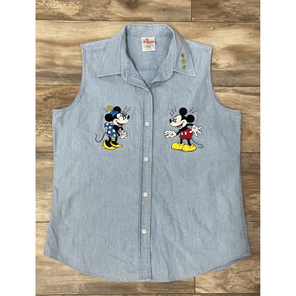 Vintage The Disney Store Embroidered Mickey-Minnie Button-up SleeveLess Sz Large